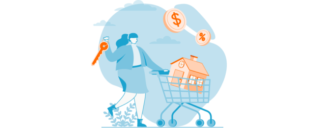 a woman pushing a shopping cart with a house in it