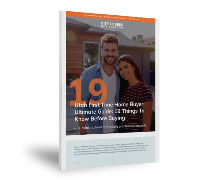 A book standing vertically titled 19 tips for first time home buyers